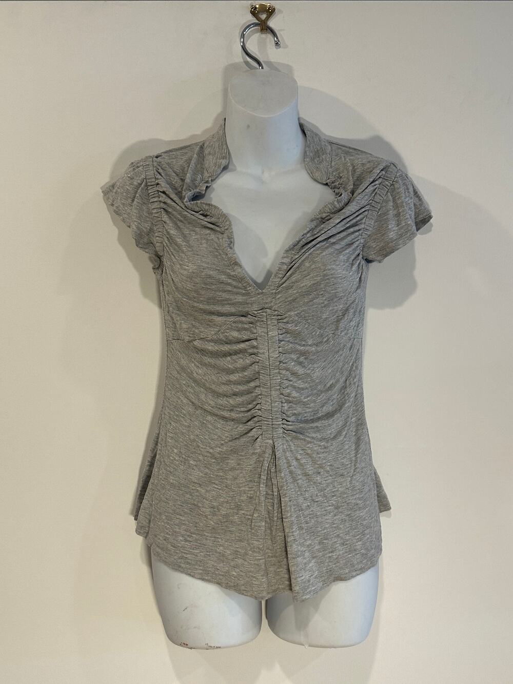 Kenar Heather Grey Ruched V-Neck Cap Sleeve Babydoll Top Blouse Womens Small